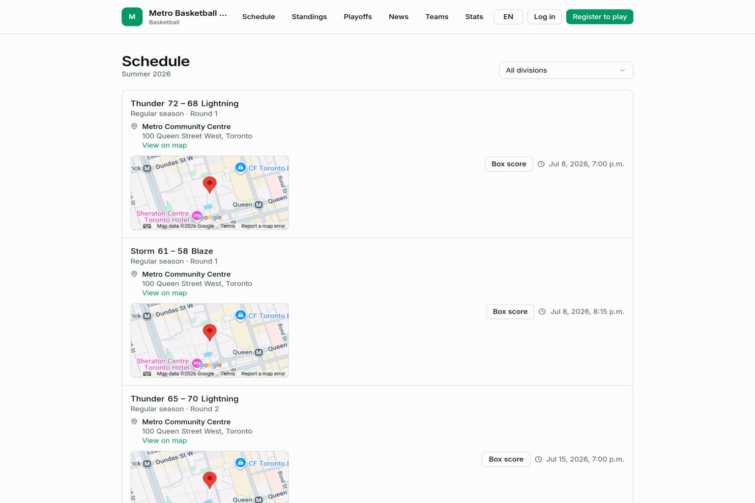 Public league website showing the game schedule with scores, venues, and box scores