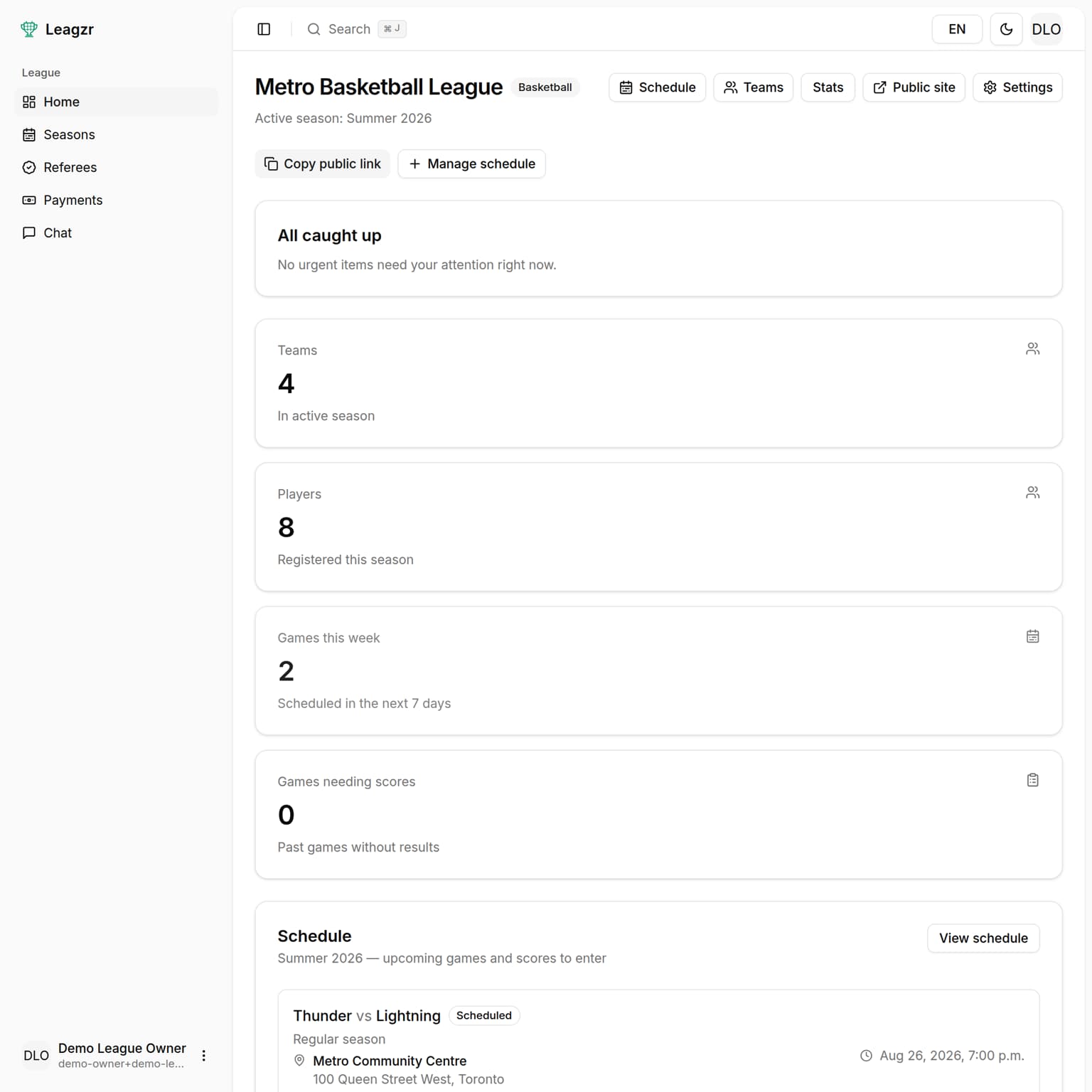 Leagzr admin dashboard showing league overview, team and player counts, and upcoming games